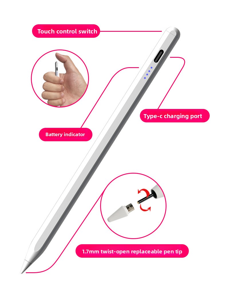 Active Metal Stylus Handwriting Compatible Capacitive Pen for iPad for & Android Devices Type-C Charging Adsorbable Design