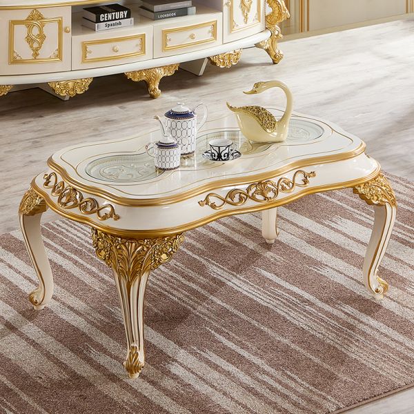 European Classic Style Royal Luxury TV Cabinet Villa Furniture Home Storage White and Gold Large Wood Living Room TV Stand