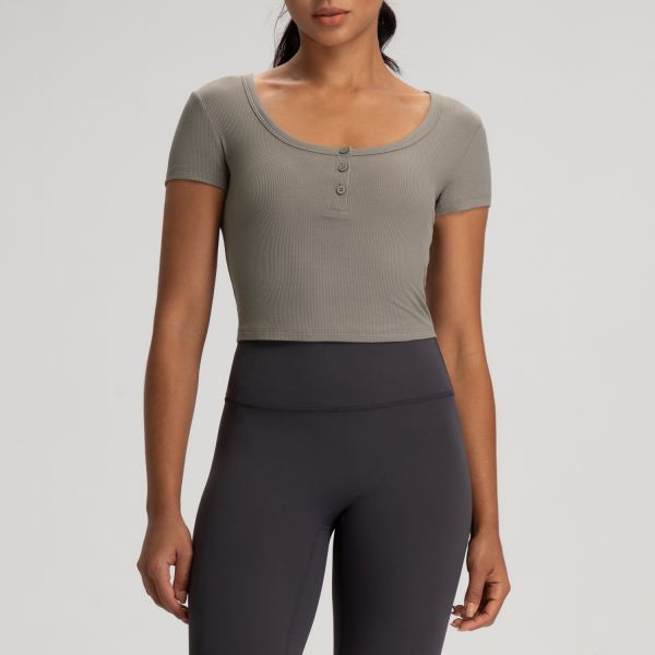 Yoga Ribbed Knit Cropped Short Sleeve Henley Top Mauve Slim Fit for Women