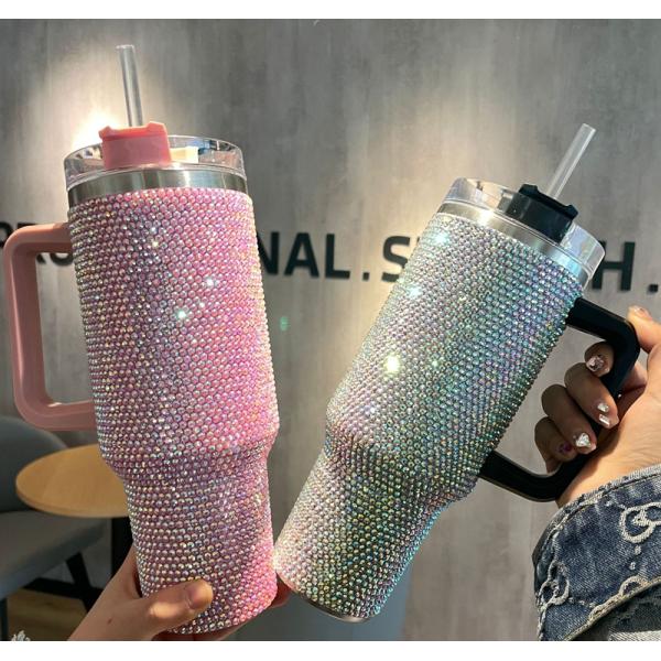 Customizable Reusable Cold Color 300ml/400ml Double Wall Cup with Diamond Studded Lid