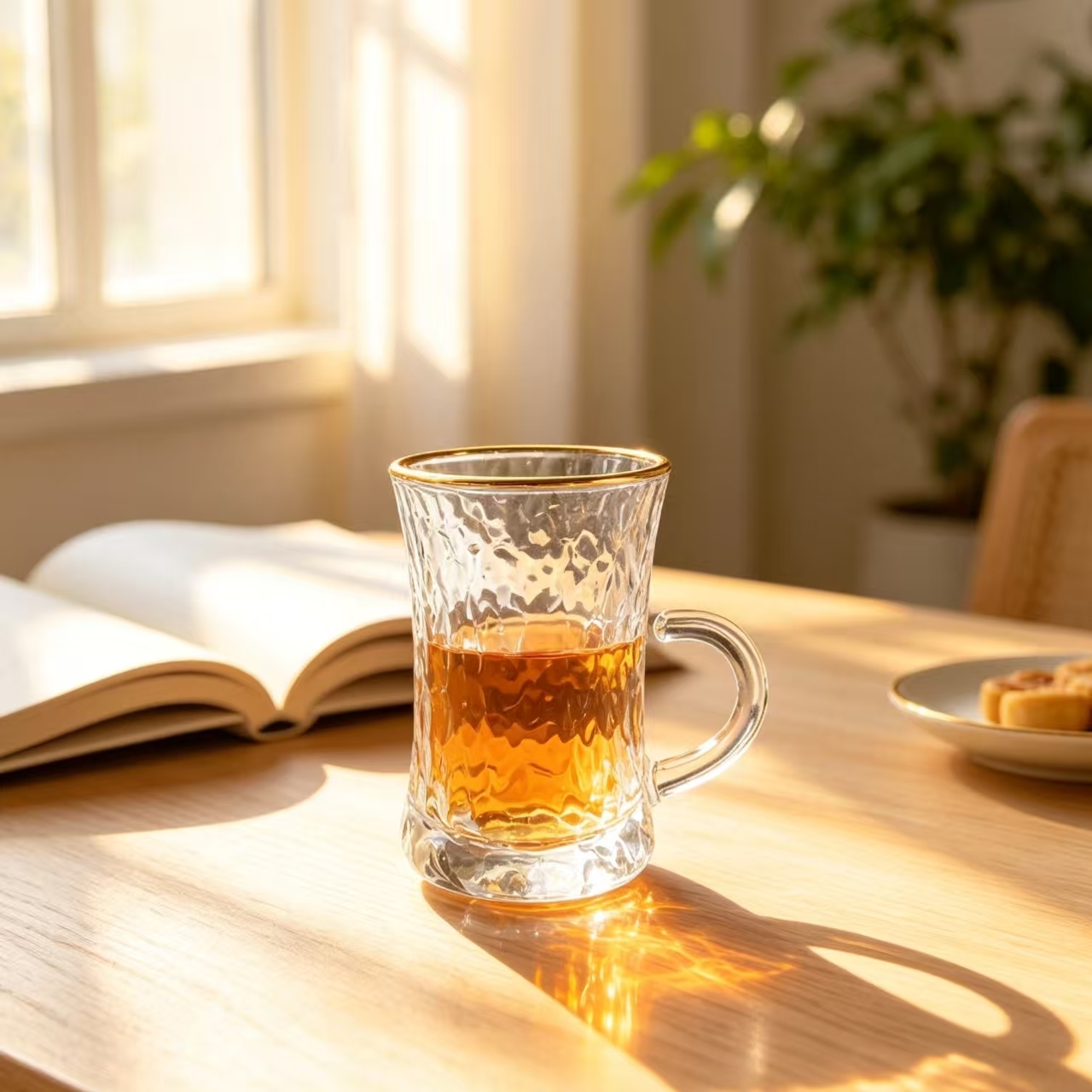 Wholesale 6PCS Gold Rim Texture Glass Tea Cup Set Clear Handled Glass Cup Coffee Tea Brings Stable and Comfortable Grip for Daily Use