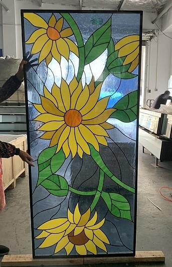 Customized Sunflower Design Entry Door Decorative Leaded Glass With Patina Caming