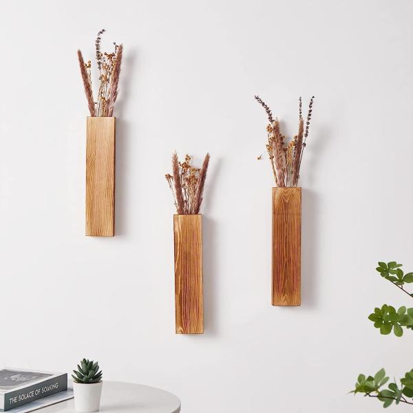 Indoor Plants Dried Flowers and Faux Greenery Plants Wooden Pocket Wall Vases 3 Pack