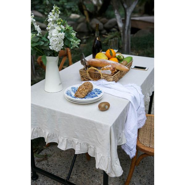 Gray Ruffle Patchwork Decorative Table Cloths Oblong 100% Linen Cotton