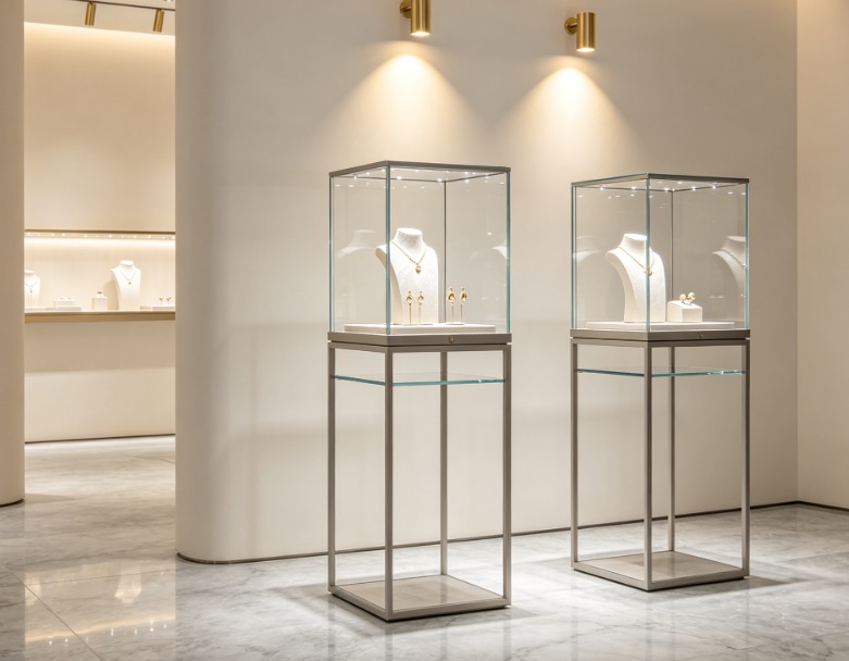 Modern Wood Glass Display Showcase Cabinet with LED Lighting High Quality GZowin Brand for Luxury Jewelry Gift Shopping Mall