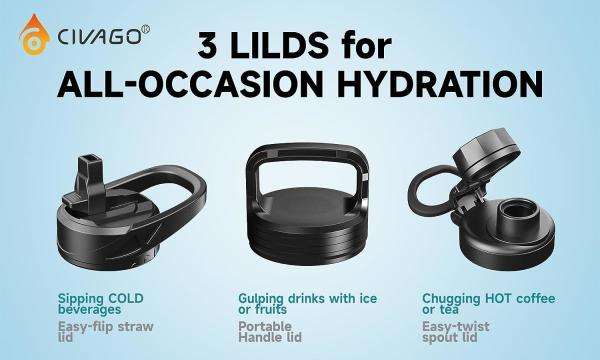 32 oz Insulated Water Bottle With Straw, Stainless Steel Sports Water Cup Flask with 3 Lids (Straw, Spout and Handle Lid
