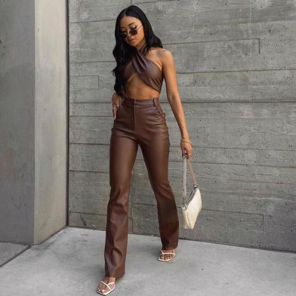 Brown Two Piece Casual Set Sexy Halter Vest Slim Straight Trousers Suit