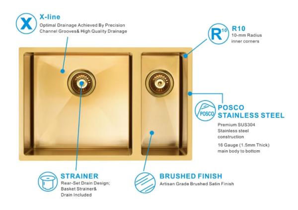 Banca da cozinha de aço inoxidável de Undermount do ouro Nano de PVD sem torneira