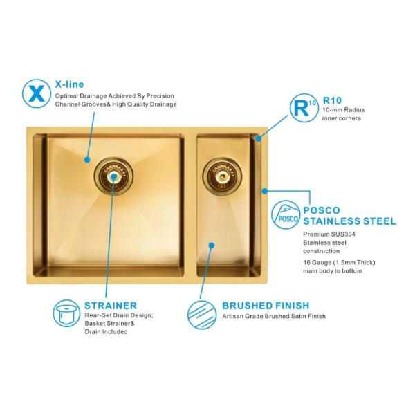 Fregadero de cocina nano del acero inoxidable de Undermount del oro de PVD sin el grifo