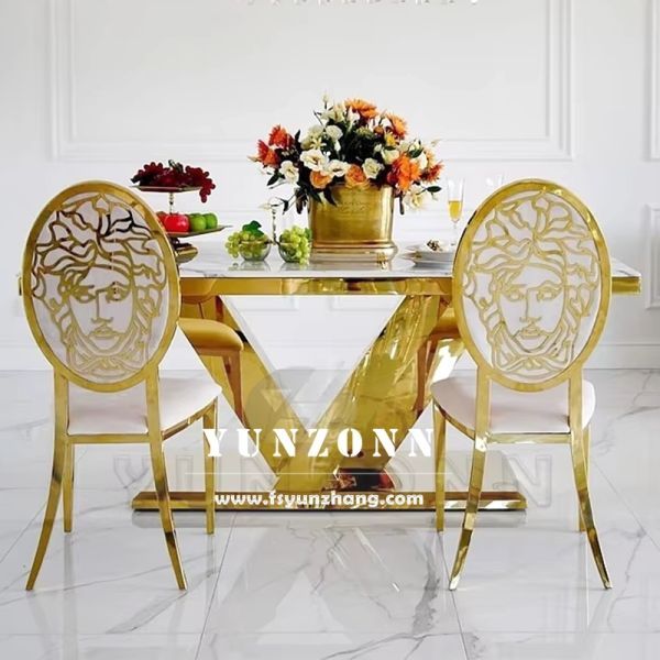 Luxury Gold Dining Table with White Marble Top OEM Furniture for Hotel Restaurant for Banquets Living Room Use Metal Material