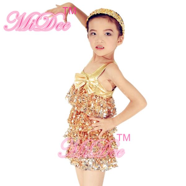 Metalic Edged Kids Dance Outfits Tiered Full Sequin Dress Shorts Including