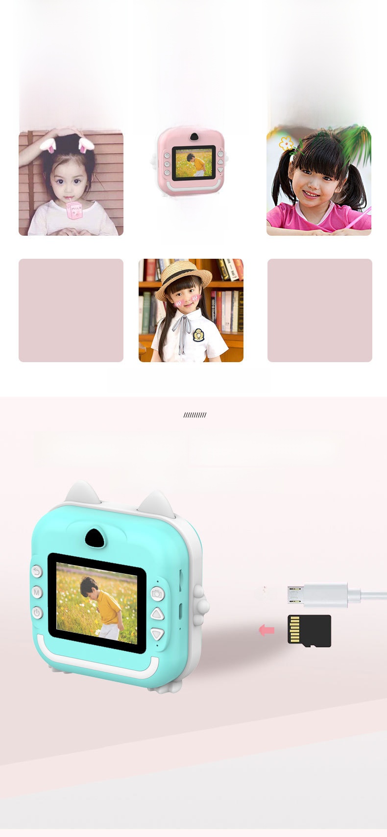 Instant Print Children's Digital Thermal Mini Camera with CMOS Sensor MicroSD Plastic 4K Video 2.4