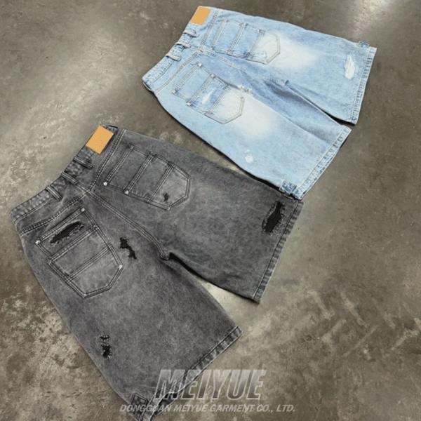 Embroidery personalizado Parches de sombrero en bruto Logotipo de alta calidad ropa callejera bolso angustiado negro jeans lavados pantalones cortos para hombres