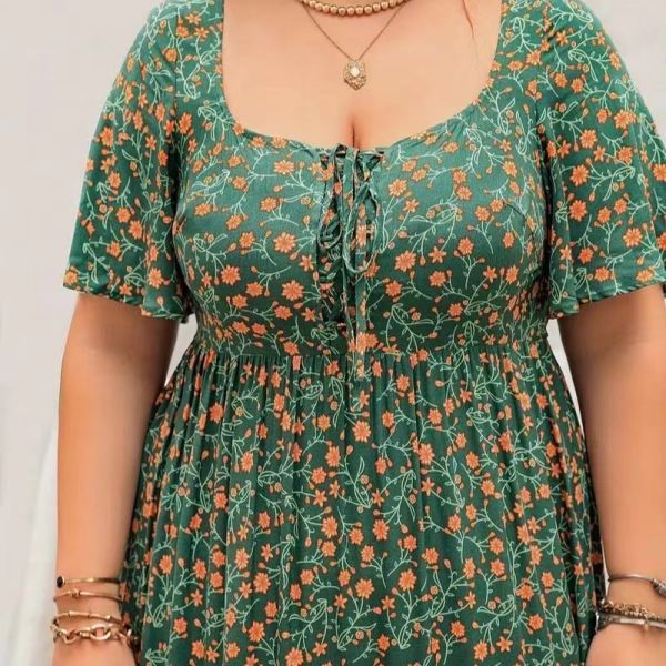 Bohemian style floral plus-size summer and autumn loose long dress, short-sleeve new floral slim-fit dress