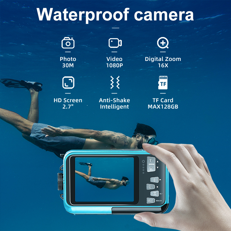 1080P Waterproof Camera 30M Underwater 16X Digital Zoom 2.7 Inch HD Screen Anti Shake 128GB TF Card Support for Diving Swimming