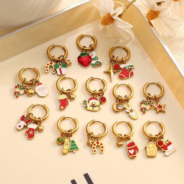 Stainless Steel 18K Gold Plated Christmas Series Design Hoop Earring Cute Santa Claus Christmas Tree Charms Jewelry Earrings