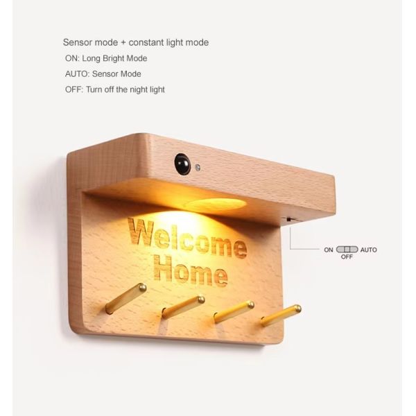 IP20 LED Indoor Wall Lamp Motion Sensor Light With Wooden Key Holder 3000K