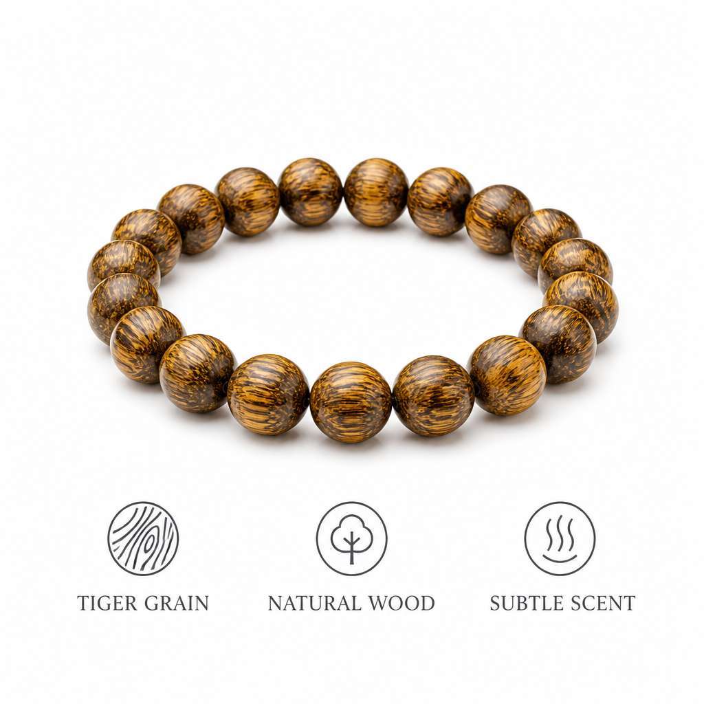 Natural Aquilaria Wood Taoist Bracelet with Tiger Stripe Grain and Subtle Woody Fragrance for Meditation