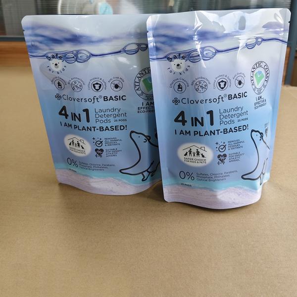 密閉およびカスタム印刷機能を備えた、洗濯洗剤ポッド包装用の耐薬品性スタンドアップパウチ。