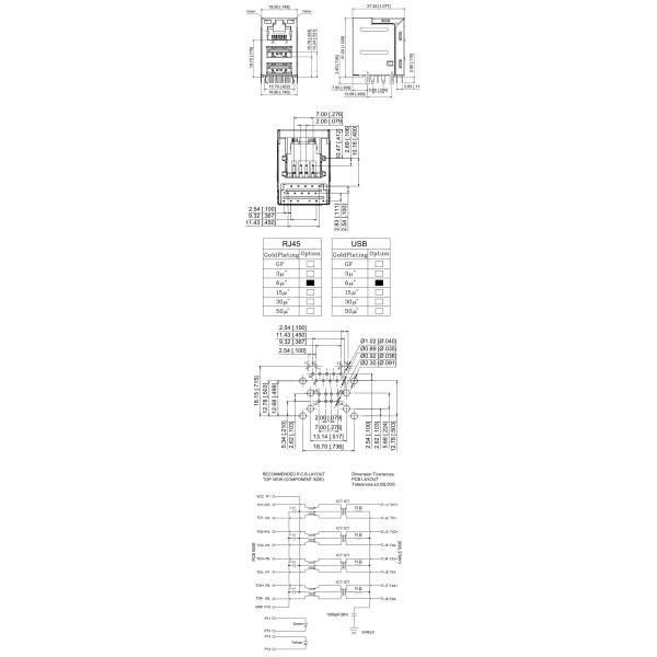 Magnetic RJ45 Connector + Dual USB 2.0 Interface Green Yellow LED Latch Up Integrated Transformer