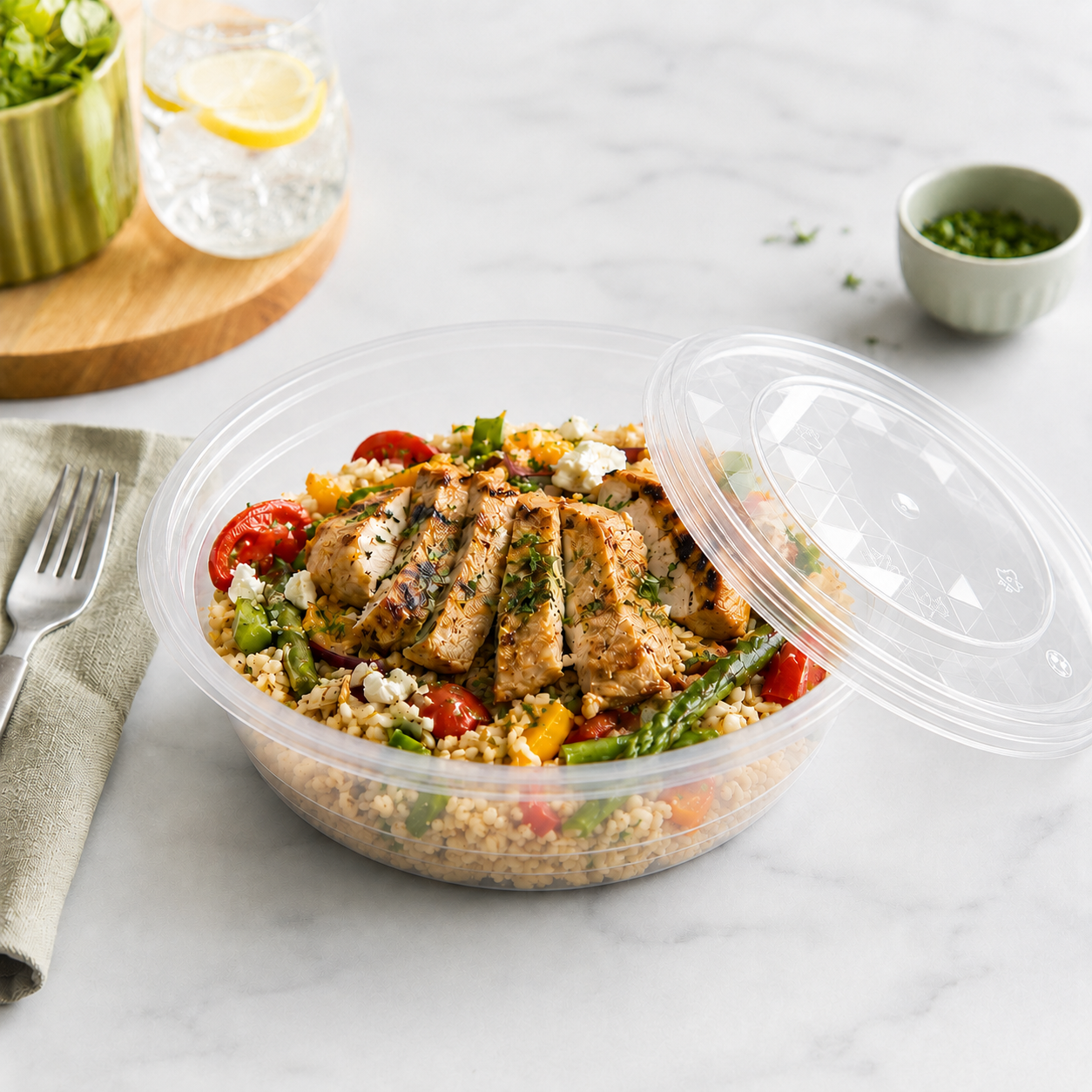 Deep PP Takeaway Food Bowl Disposable 1300ml with Clear Fitted Lid