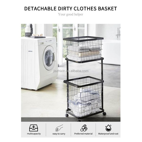 Bathroom Metal Wire Frame Layered Organization Rack 2 Tier With Wheels Dirty Clothes Basket Removable Laundry Storage Cart