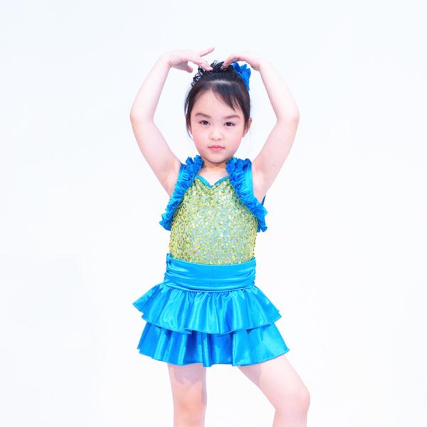 Satin Tiers Skirt Ruffle Neckline Confetti Sequins On Bodice Dress Dance Clothes for Kids' Performance