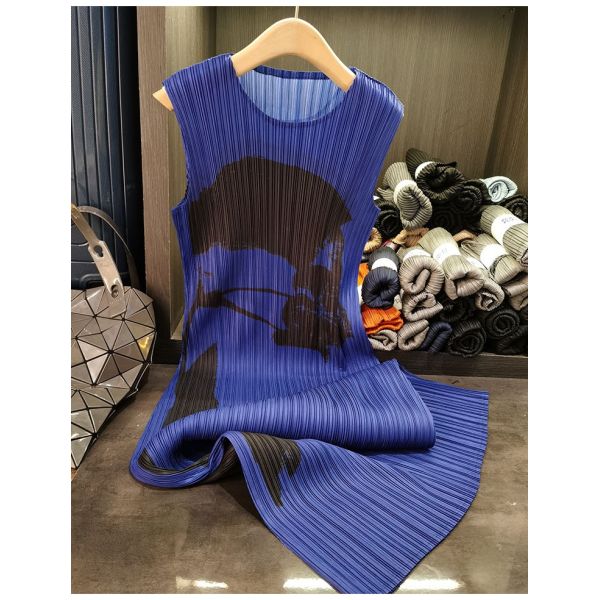 High-End Pleated Floral Dress Loose Slim Ladylike Elegant Sleeveless Round Neck Versatile Floor-Length Long Skirt