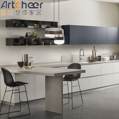 Handless Kitchen Cabinet Set Modern With Marble Countertop And Island Dining Table