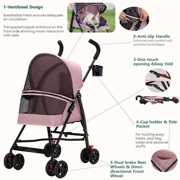 Foldable Travel Pet Stroller Lightweight Durable Safe Cat Dog Pushchair with Breathable Mesh