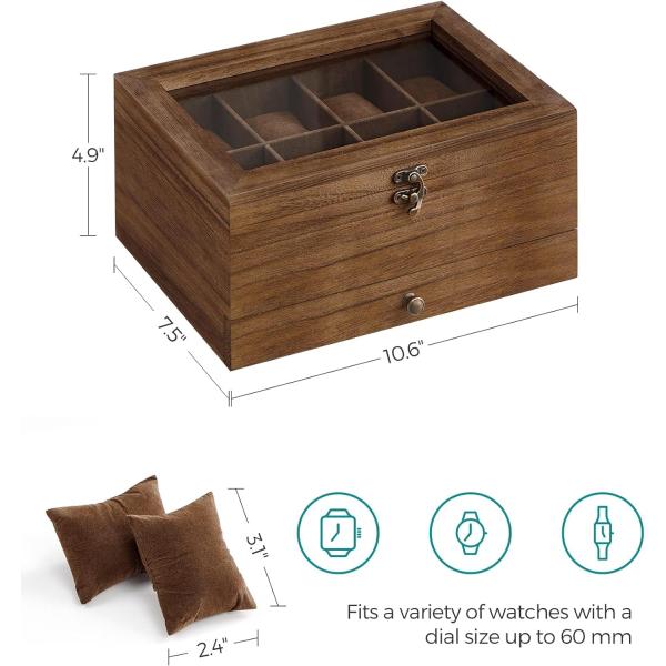 Handmade 8-Slot Rustic Walnut Wood Watch Box 2-Tier Display Case With Large Glass Lid