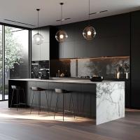 Armoires de cuisine en bois massif sur mesure, design de luxe en frêne avec charnières à fermeture douce et comptoir en quartz