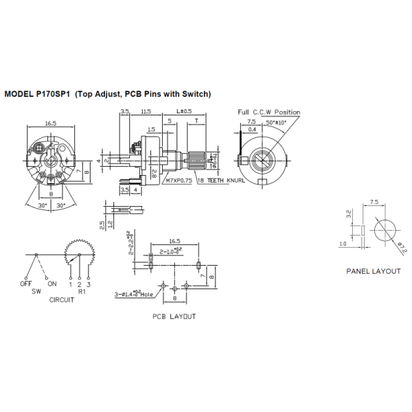 Metal shaft panel potentiometer TT Electronics P170S-FC15BR100K with switch and long rotational life