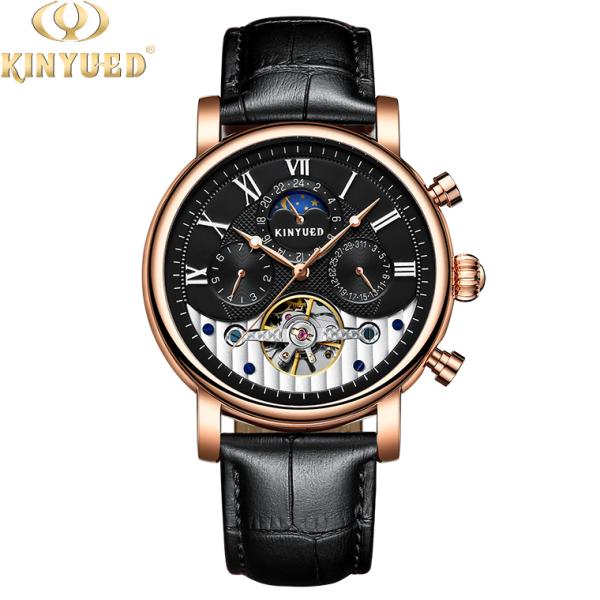 KINYUED moon phase skeleton watch tourbillon mens automatic mechanical watch luxury