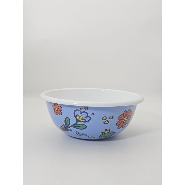 Pastel Blue Floral Frog Cartoon Printed Enamel Bowl White Rolled Rim Enamel Serving Bowl For Daily Meal Fruit Salad Storage
