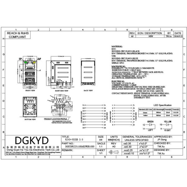 DGKYDRU231188AB2WDB1080 RJ45 двойное USB3.0 не переносит никакое СИД модульный Джек