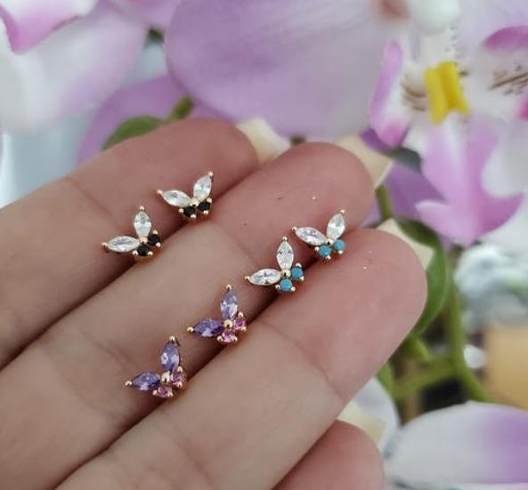 Золото 18K Маркизный рез Туркуазный CZ 925 Стерлинг Серебряный Бабочка Студ Серёжки для женщин