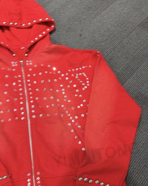 Streetwear Rhinestone Men Hoodie Custom Sun Faded Diamond Baggy Jacket