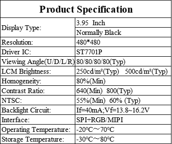 3.95 Inch Square LCD Screen 480×480 Resolution IPS Display Module 250Cd/M2 Luminance