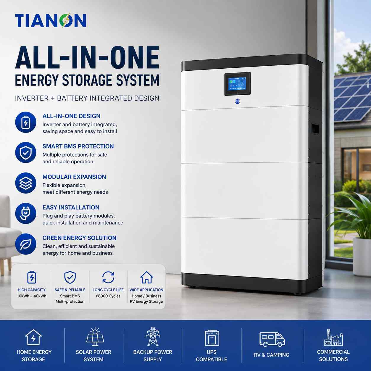 10kWh Stackable LiFePO4 Battery Energy Storage System 5kWh Module Solar Backup Power - Tianon