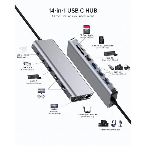 8 In 1 Usb C Hub Adapter Dongle 4K HDMI VGA Type C PD USB3.0 RJ45 Ethernet SD/TF