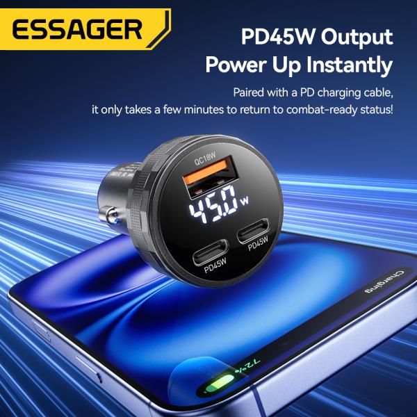 ESSAGER ES-CC25 QC18W USB-A Dual PD45W USB C Car Phone Charger Adapter With Digital Display