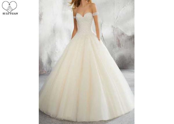 Sexy Ivory Ball Gown Wedding Dress Off Shoulder Short Sleeve Heavy Beading