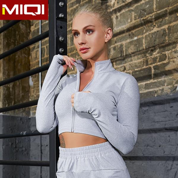2020 Women Fitness Workout Solid Color Jacket Long Sleeve Turtle Neck Sports Yoga Clothing With Zipper