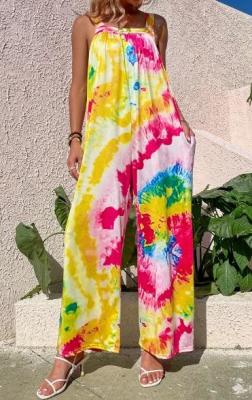 Low Moq Clothing Manufacturer Women'S Casual Loose Jumpsuits Printed Strap Wide Leg Pants With Pockets
