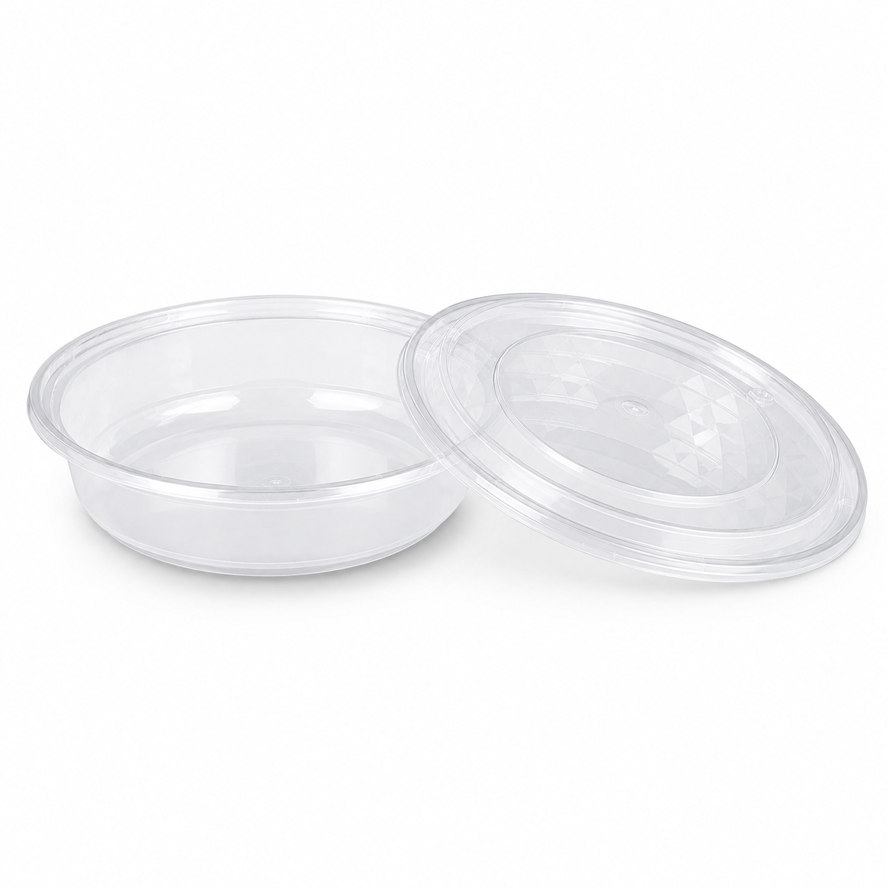 Clear Fitted Lid Disposable Food Bowls 1100ml Shallow Round PP Meal Tray
