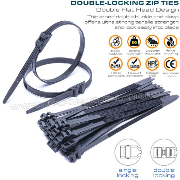 Bridas doble cierre /presillas bridas con doble cabezal plano, negras, nylon (PA) 6.6, 760 x 9mm, 110 lb, 500 N, Ø20~220mm, uso exterior