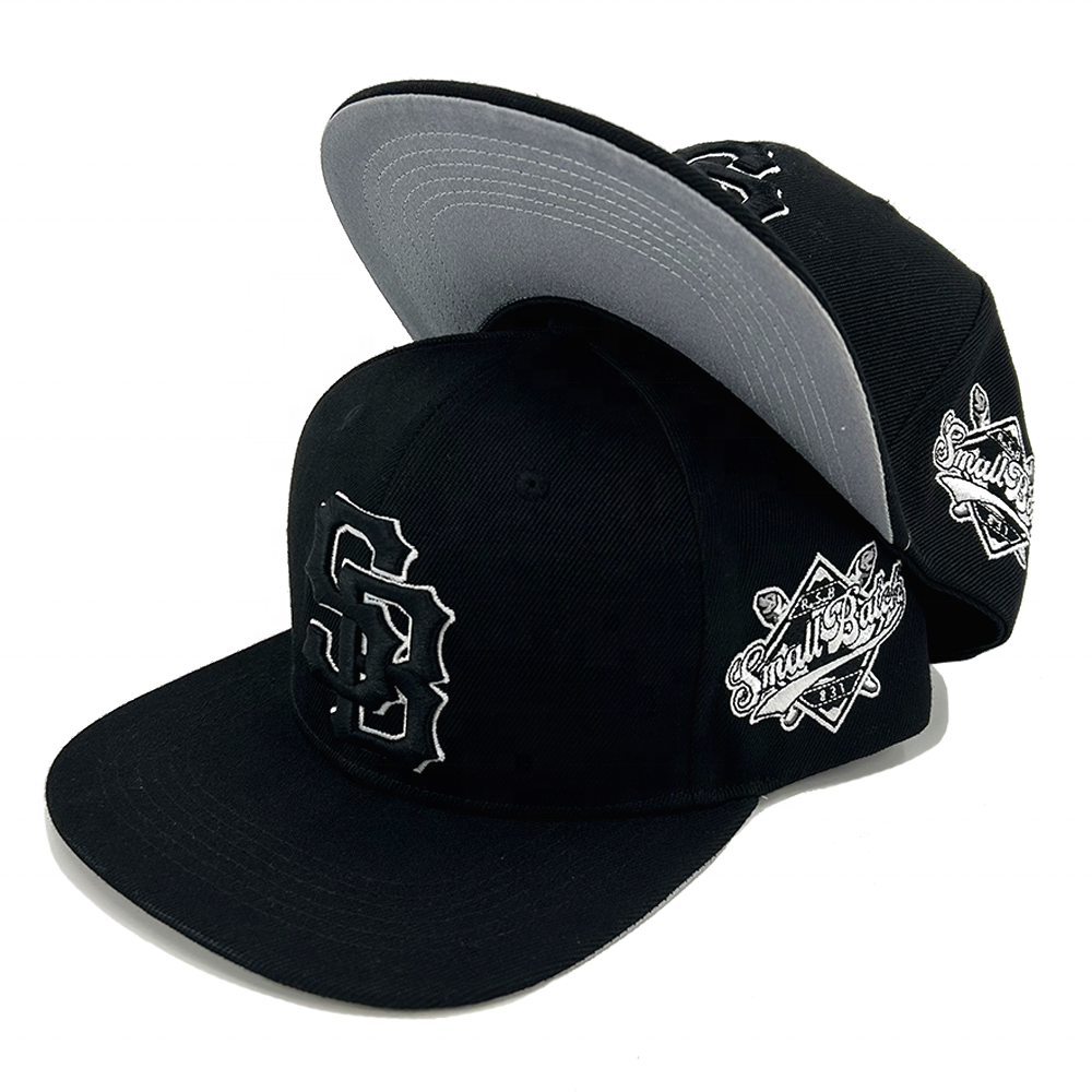 Custom 3D Embroidered 6 Panel Snapback Caps Flat Bill Brim Unstructured Adjustable