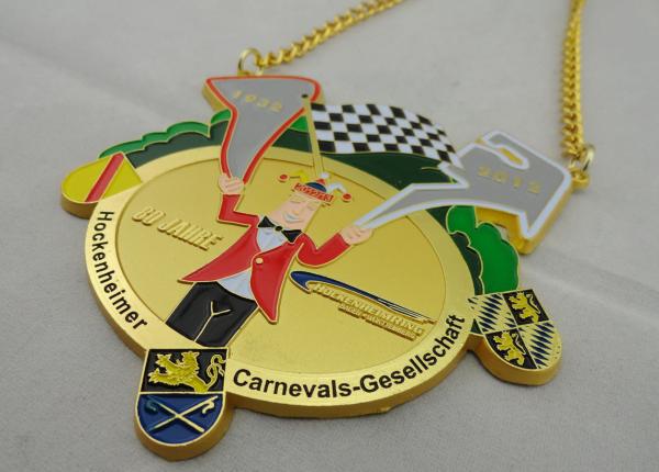 Zinc Alloy, Pewter 2D or 3D Gesellschaft Carnival Medal with Gold Plating, Color Clown Logo