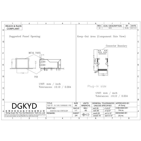 DGKYD RJ45 Connector 6U Gold Plated Gigabit Single Port with Transformer